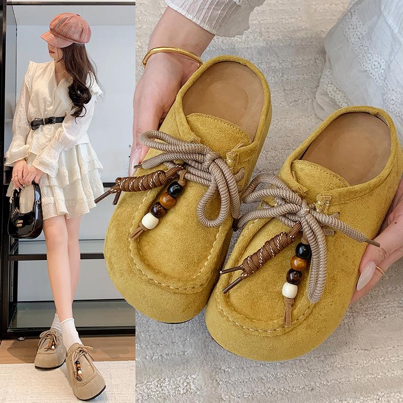 Fashion Women's Flat Shoes Cover Toe Slingback Lace-up String Bead One Kick Increased Internal Slippers All-match RetroSuede Women Shoes