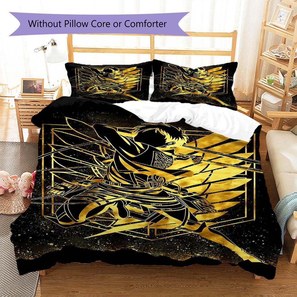 Attack on Titan Pattern Bedding,Quilt Set Quilt Cover Pillowcase Home Birthday Gift (1 * duvet cover + 2 * pillowcase, without core)