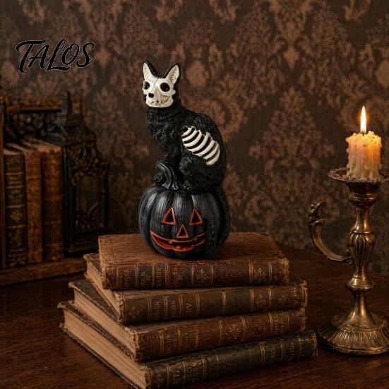 Halloween Showcase Decoration Skull Black Cat Pumpkin Figurine, Gothic Statue with Hollow Ribs, Non-peeling Paint Ornament Spooky for Desktop Outdoor