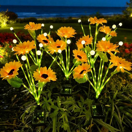 Solar Sunflower Garden Light, Waterproof Outdoor Lawn Lamp with Firefly LED Lights, Automatic On/Off Solar Powered Landscape Lamp Patio Walkway