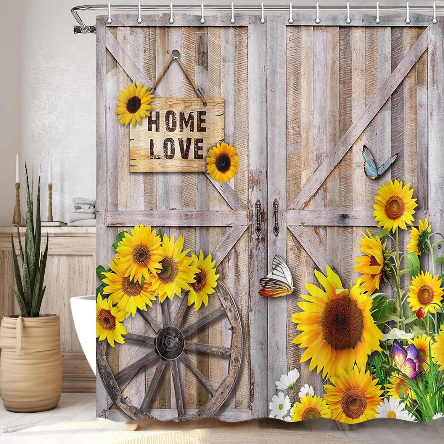 

Деревенская летняя шторка для душа с подсолнухами и бабочками для ванной комнаты, Баня-шторка в стиле западной амбарной двери из деревянных досок, Фермерский дом, Fa 90x180cm