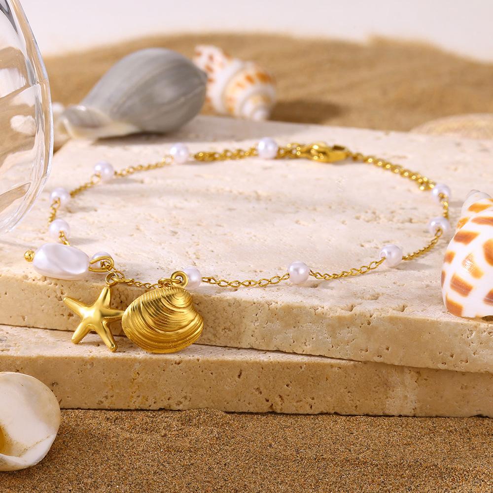 20+5cm Anklets for Women Stainless Steel Shell Starfish Imitation Pearl Leg Bracelets Gold Color Beach Summer Bodychain Jewelry