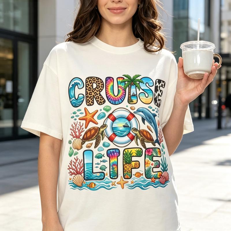 Cruise Life T Shirt Unisex Tropical Vacation Sea Turtle Dolphin Print Casual Cotton Short Sleeve Y2k Top Harajuku