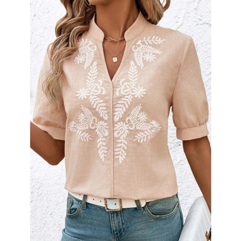 

Женская летняя новая модная блузка с V-образным вырезом, из чистого хлопка, с вышивкой, с коротким рукавом, в повседневном стиле M абрикосовый