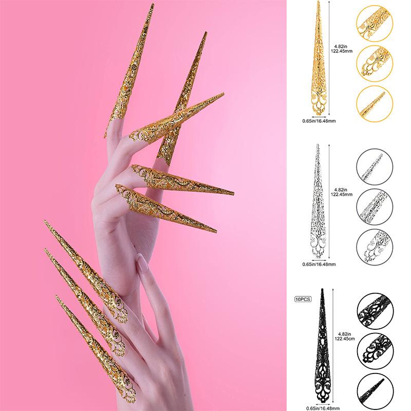 10Pcs Indian Thai Dance Peacock Belly Dance False Nail Finger Jewelry Decoration Hollow Finger Cots False Nail Finger Nail Tip