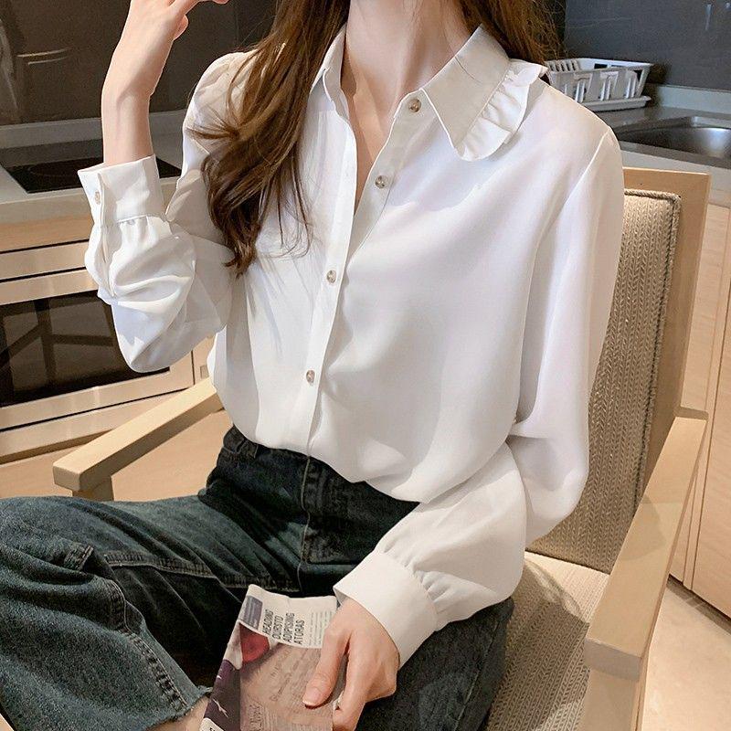 

2024 Spring Chiffon Blouse with Peter Pan Collar & Ruffles Small хакі