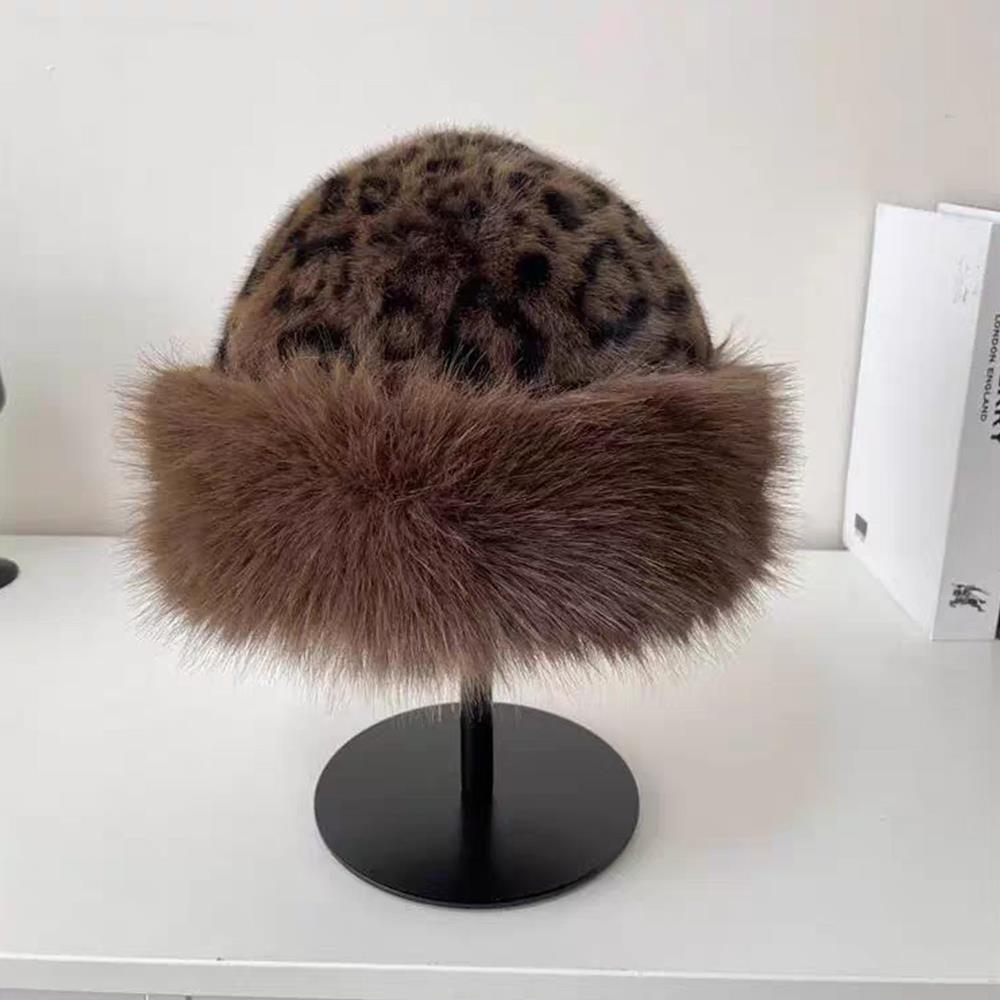 Winter Imitation Fur Hat Plush Bucket Hat Leopard Print Bear Ear Ruslan Baginsky Hat Thicken Woman Bonnet Ski Cap Fisherman Hats