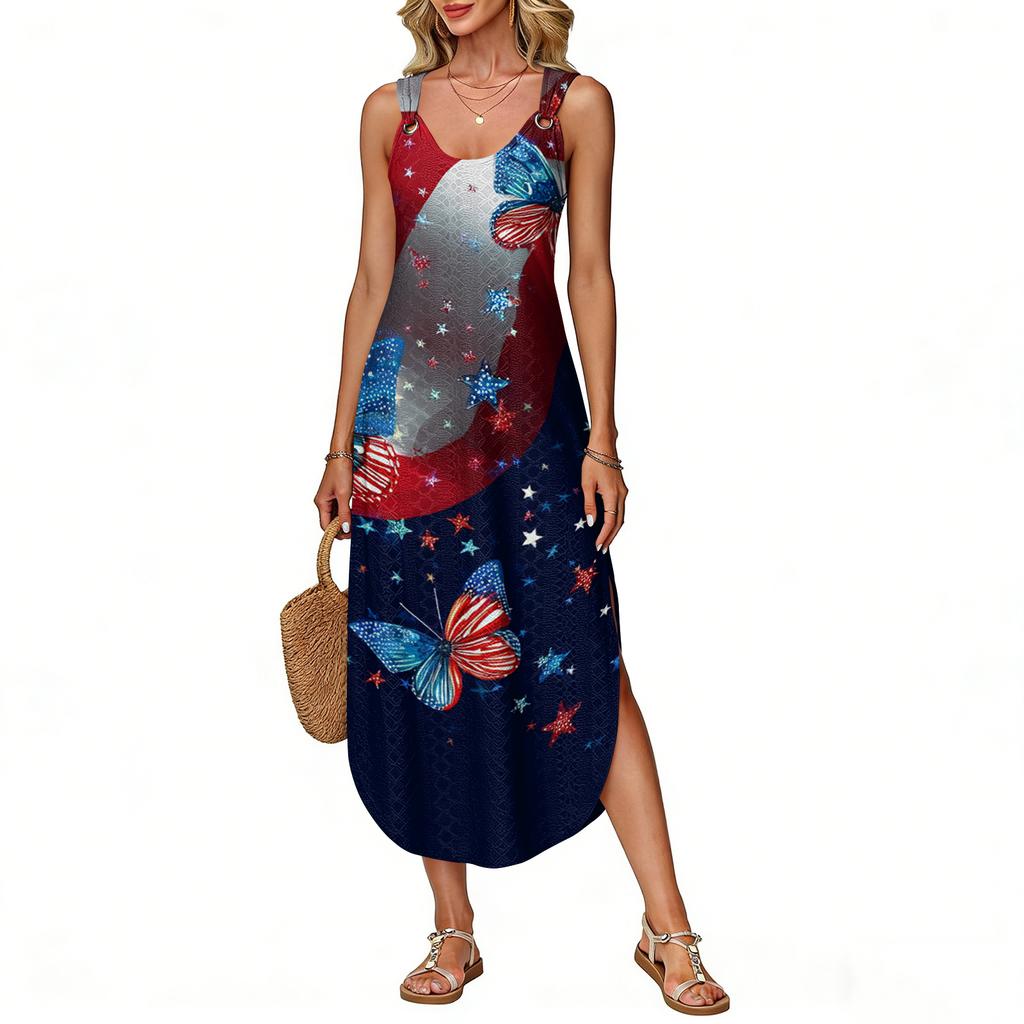 Women's Summer Long Dress Sleeveless Side Slit Long Independence Day Print Vacator Dress