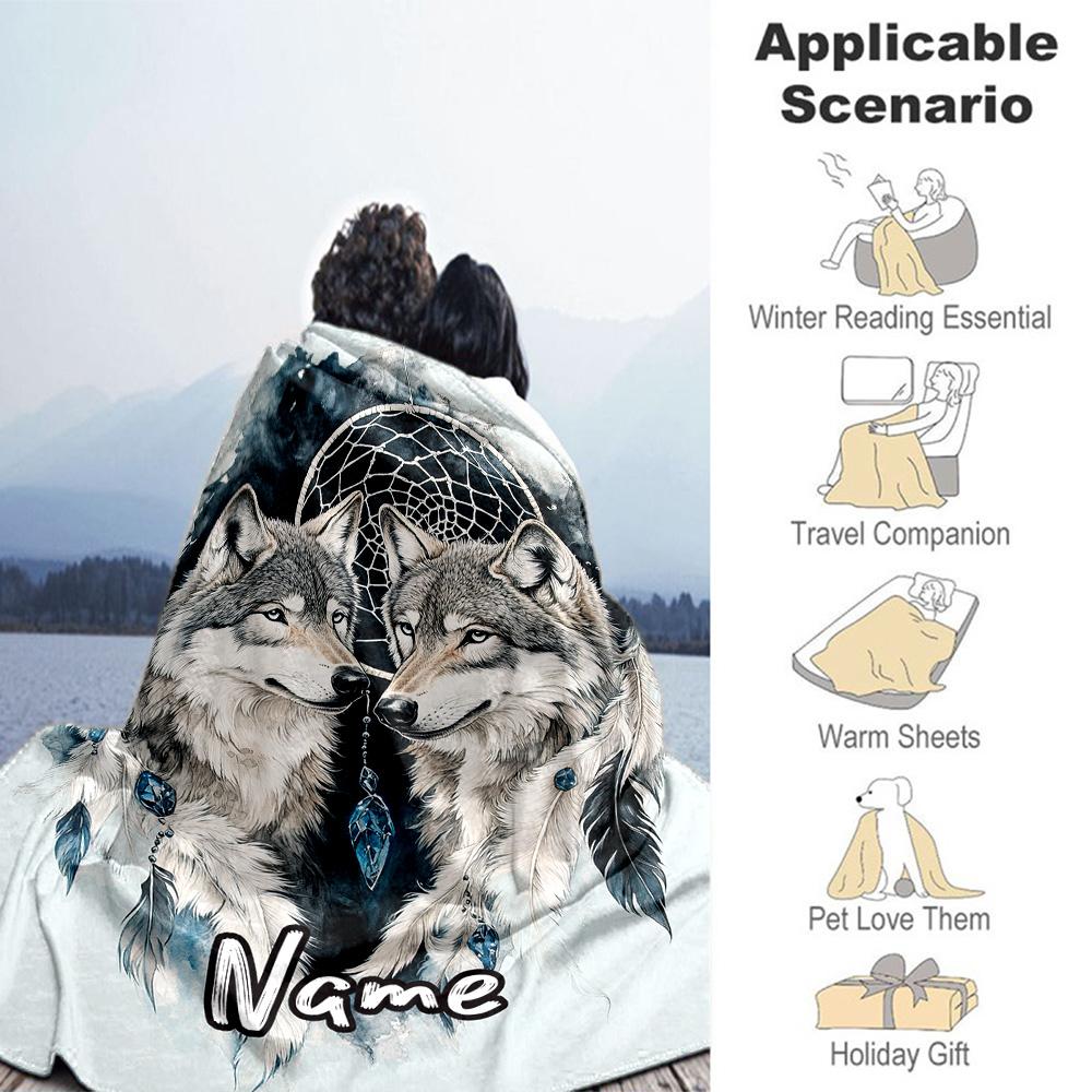 Twin Wolf Dream Catcher Customize Text Blanket Cozy Customizable Blanket Durable Comfort Perfect for Bedding Office Chair Couch All-Season Use