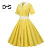 Damekjole V-hals Revers Enkeltspent med Belte A-linje Stort Sving Skreddersydd Høy midje Ensfarget Retro Kortermet Prinsessestil Dame Midikjole