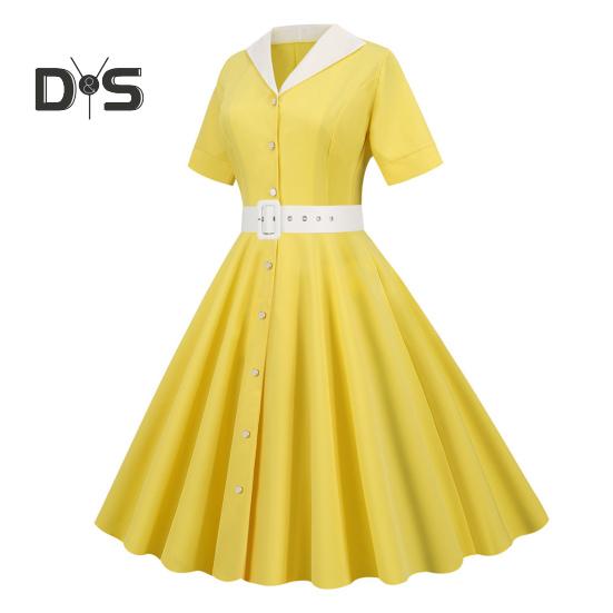 Damekjole V-hals Revers Enkeltspent med Belte A-linje Stort Sving Skreddersydd Høy midje Ensfarget Retro Kortermet Prinsessestil Dame Midikjole