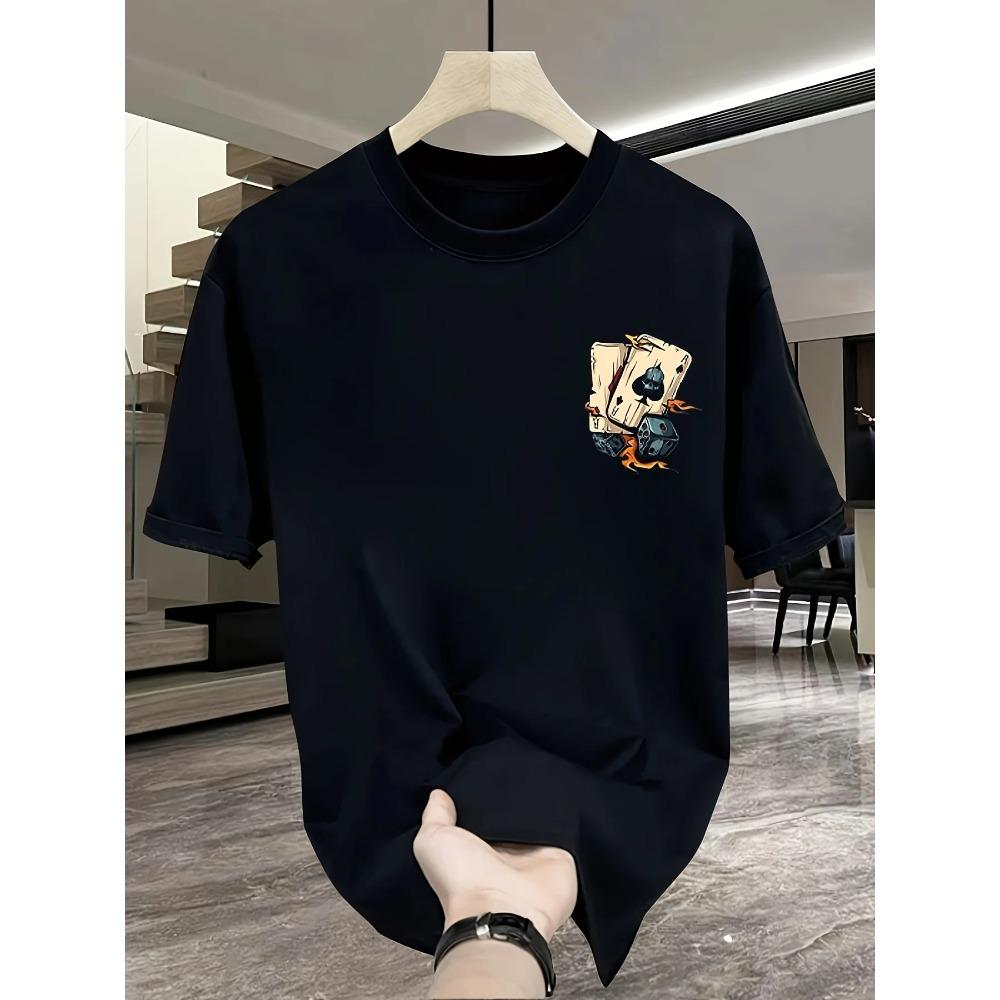 Men's Summer 100% Pure Cotton Fashionable Casual Loose Creative Poker and Dice Printed Sports Round Neck Short Sleeved T-shirt