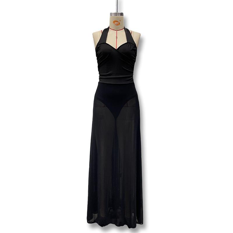 2026 Backless Hanging Neck Sexy Mesh See Through Long Dress New Fashion Black Elegant A-line Dress Women Sleeveless Summer Slim Party Dress