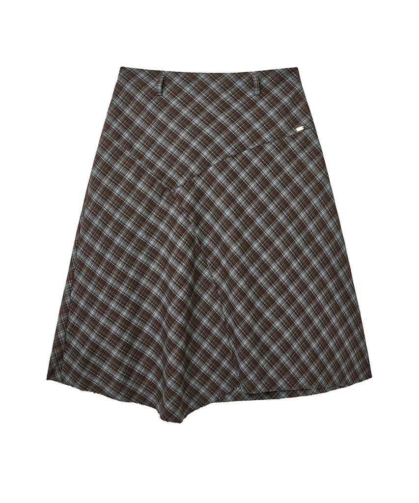 Lense Raw Edge Check Midi Skirt Brown