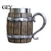 Rustic Wood Grain Beer Cup Barrel Mug, 600ml Stainless Steel Liner Stein, Insulated Mug Tankard for Pub Home Bar Party Gift