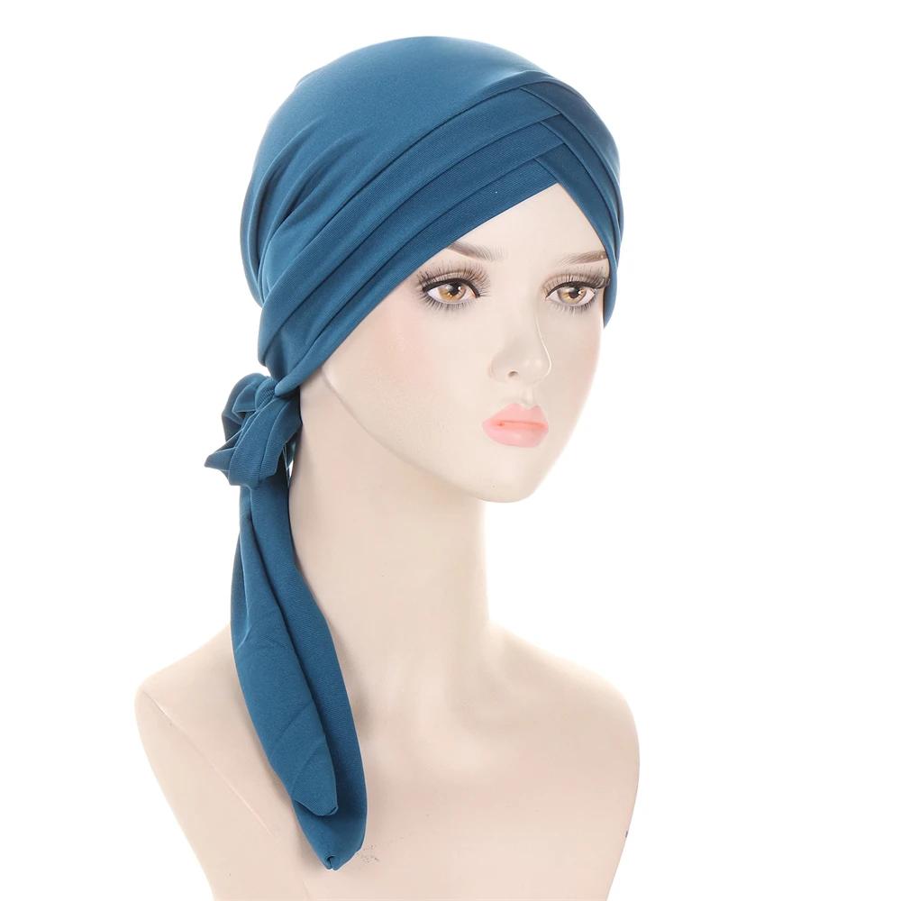 New Muslim Inner Hijab Turban Women Pre-Tied Cap Long Tail Headscarf Wrap Beanies Bonnet Head Scarf Stretch Headwear Ninja Hat