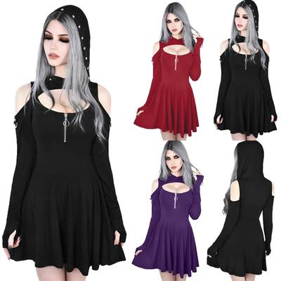 Kadın Modası Gotik Renk Kapşonlu Düşük Kesim Soğuk Omuz Fermuarlı Elbise