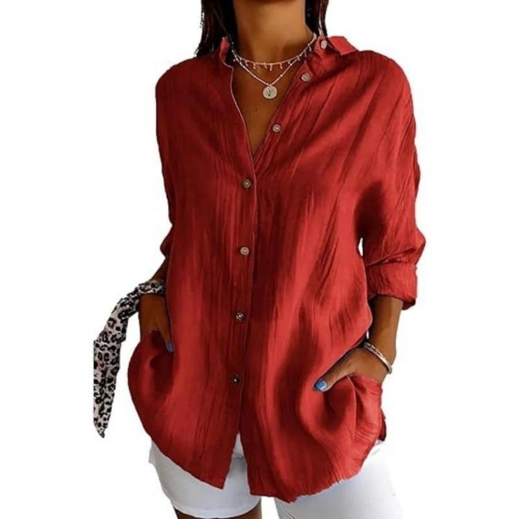 European Style Women Solid Pleated Shirt with Lapel and Roll Up Sleeves
