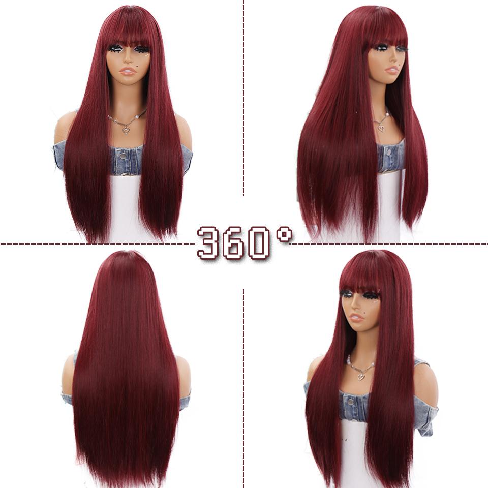 WTB Deep Red Long Straight Hair Synthetic Wig Female Straight Bangs Lolita Fluffy Natural Deep Red Long Straight Hair Wig