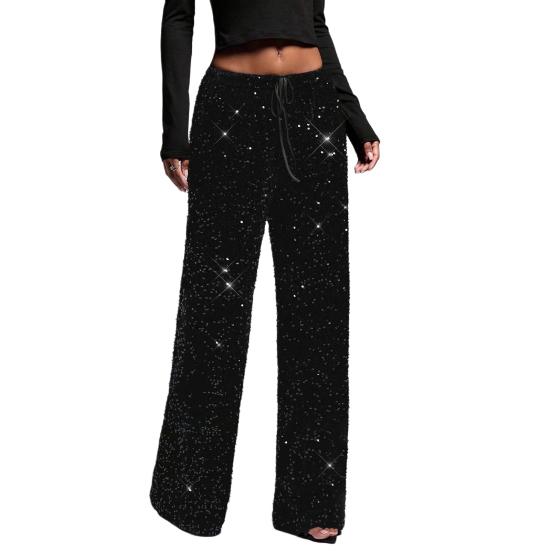 Dámské kalhoty s vysokým pasem a širokými nohavicemi, ležérní kalhoty se sekvenčním designem, elastický pas se stahovací šňůrkou, párty kalhoty