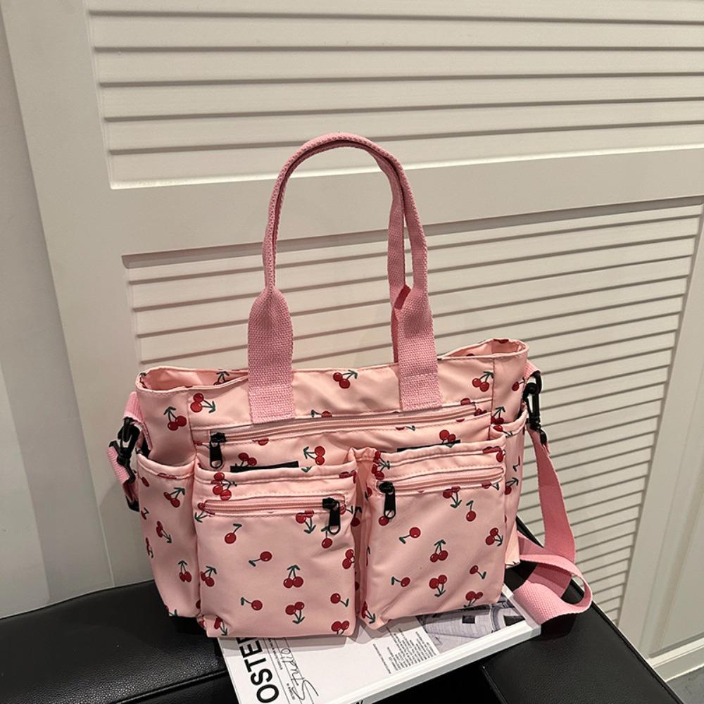Casual Large Capacity Tote Bag Cherry Print Adjustable Strap Crossbody Bag Waterproof Multi-Pocket Shopping Bag