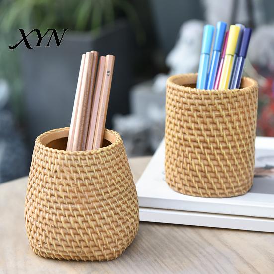 Makeup Brush Holder Faux Rattan Pen Holder, Woven Style Boho Pencil Storage Box Desktop Organizer, Multi-functional Resin Cup for Home Office
