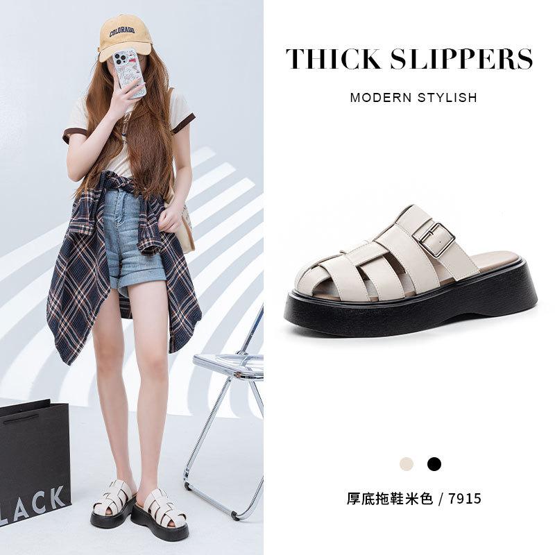 2025 summer new bag head half slippers women's casual Roman beach sandals thick sole height-increasing lazy slippers