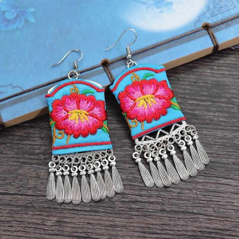 Retro hand-embroidered fabric earrings female long flower fringed versatile temperament performance earrings earrings