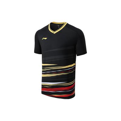 Li Ning Badminton Series Logo Geometric Pattern V-Neck Pullover Short Sleeve T-Shirt Unisex T-Shirt Black AAYT577-4