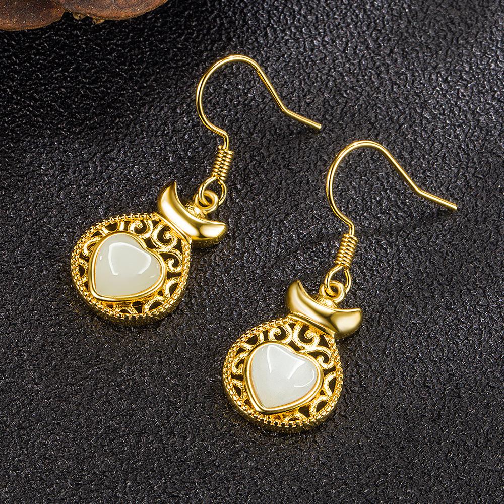 Retro Gold Inlaid Imitation Hetian Jade Heart-Shaped Eardrops Ear Hook Elegant National Style Alluvial Gold Earrings Jewelry