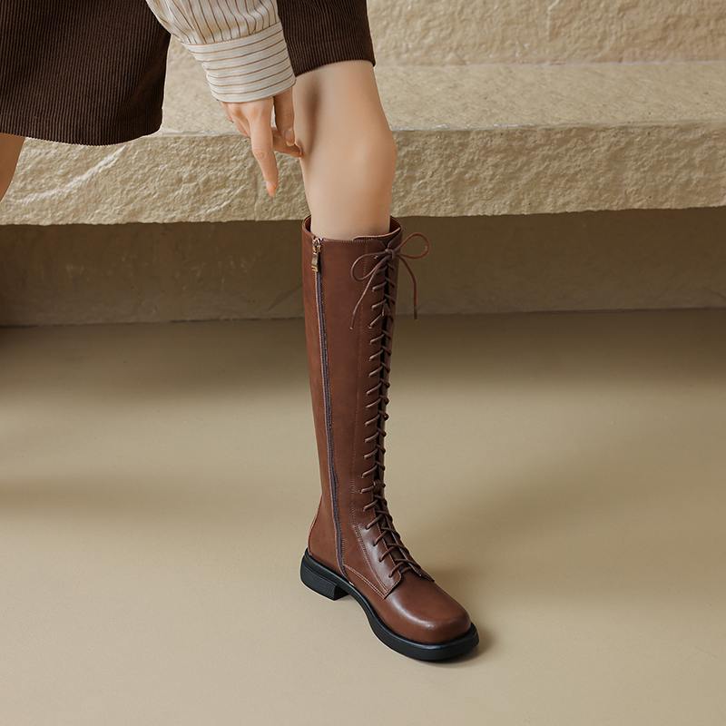 Krazing Pot Cow Split Skin Autumn Winter Shoes Concise Thick Heels Size 41 Thigh High Boots Keep Warm Round Toe Slip On Retro Knee Boots