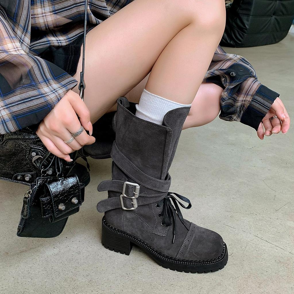 Cowhide version~ Retro knight boots women's thick-soled thick-heeled Martin boots belt buckle mid-tube western cowboy boots locomotive boots