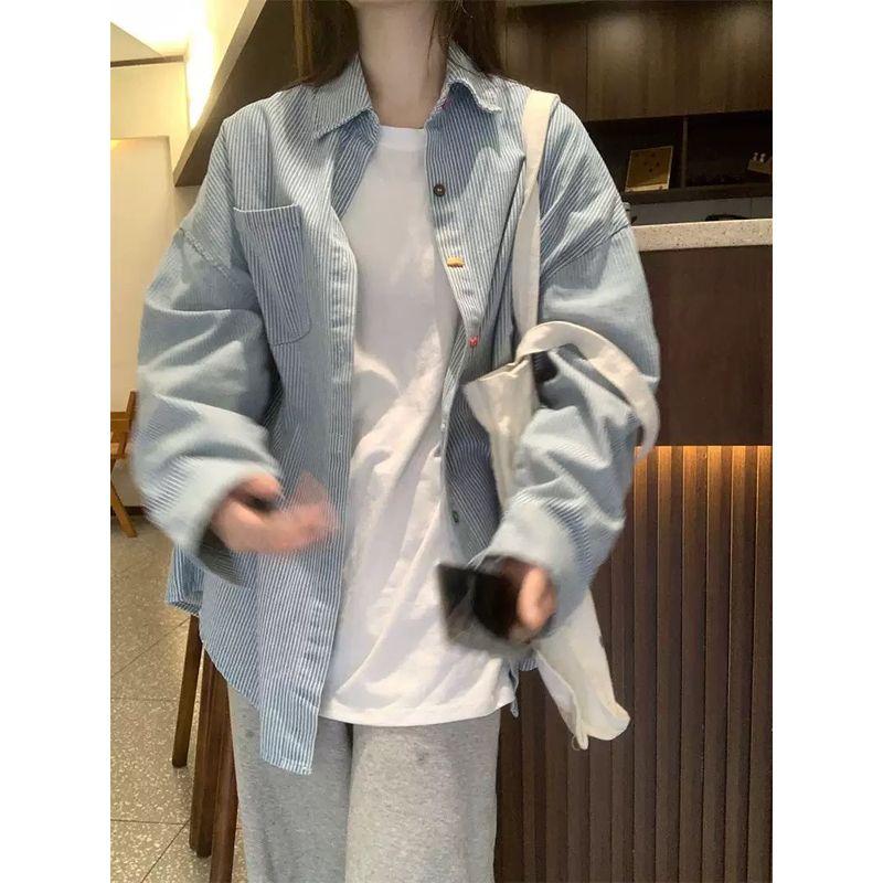 

Design Color Buckle Blue Stripe Long sleeve Shirts Women Spring Top 2025 New Loose Contrast Color Outerwear Shirt Blue S