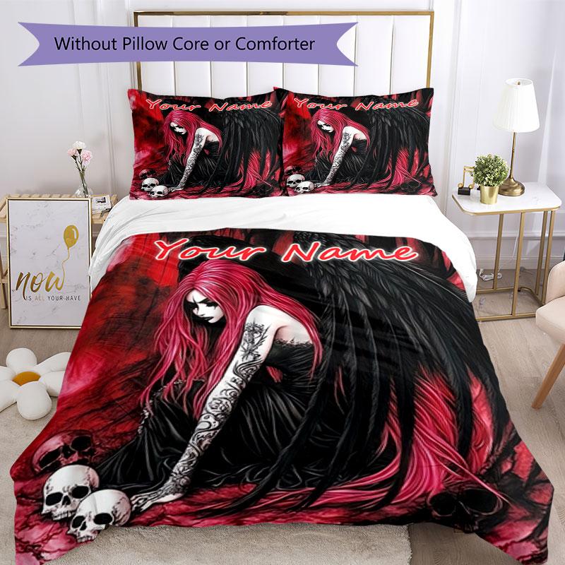 3PC Custom Name Dark Angel Skulls Bedding Set Duvet Cover Closure Includes 1 Duvet Cover & 2 Pillowcases for Bedroom