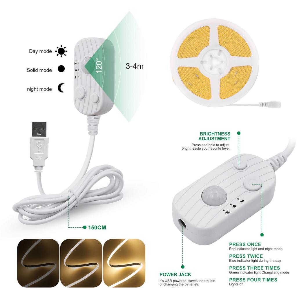 USB PIR Motion Sensor COB LED Strip Lights 5V Flexible Tape Ribbon Diode Light with Auto ON/OFF for TV Backlight Room Cabinet Decor