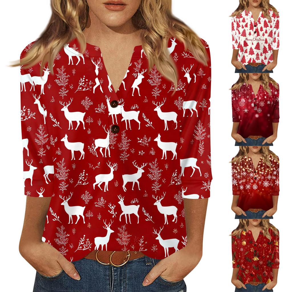 Women's T Shirt Christmas Print Button 3/4 Sleeve Daily Weekend Fashion Basic V- Neck Regular Top
