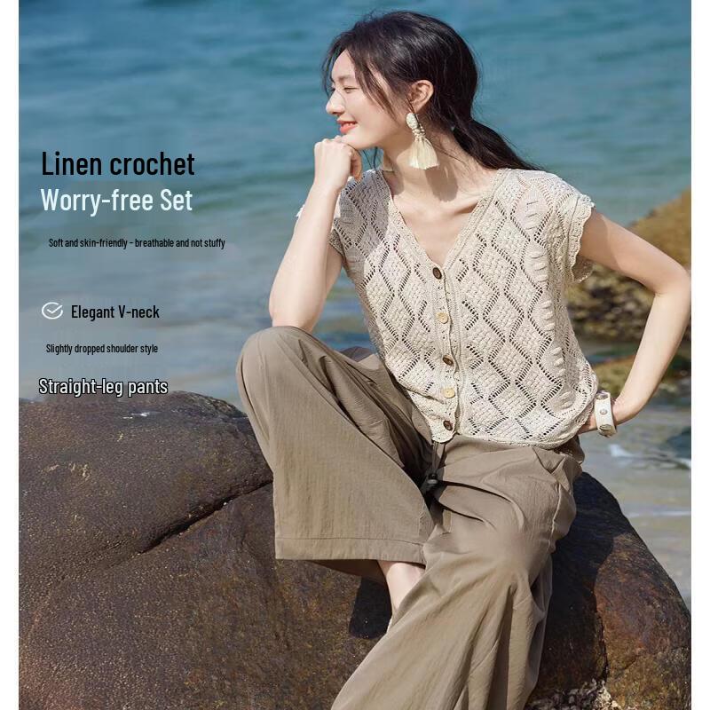XWI Linen Blend Crochet Cardigan & Straight Pants Set L