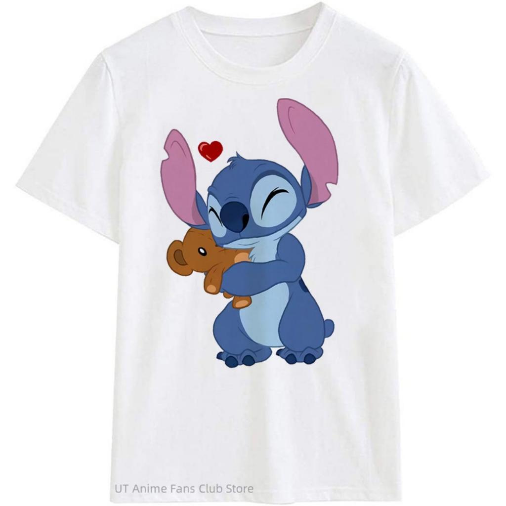 Summer Disney Stitch and Angel Couple Cotton Cartoon T Shirt Men Women Short Sleeve Boys Girls Tees Casual Loose Men Clothes
