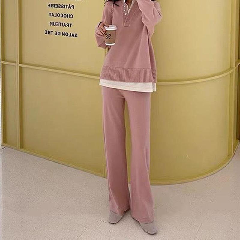 Casual Sweater Set Autumn Fake Two-piece Top + Wide-leg Pants Two-piece Set Knitted Sweater for Women