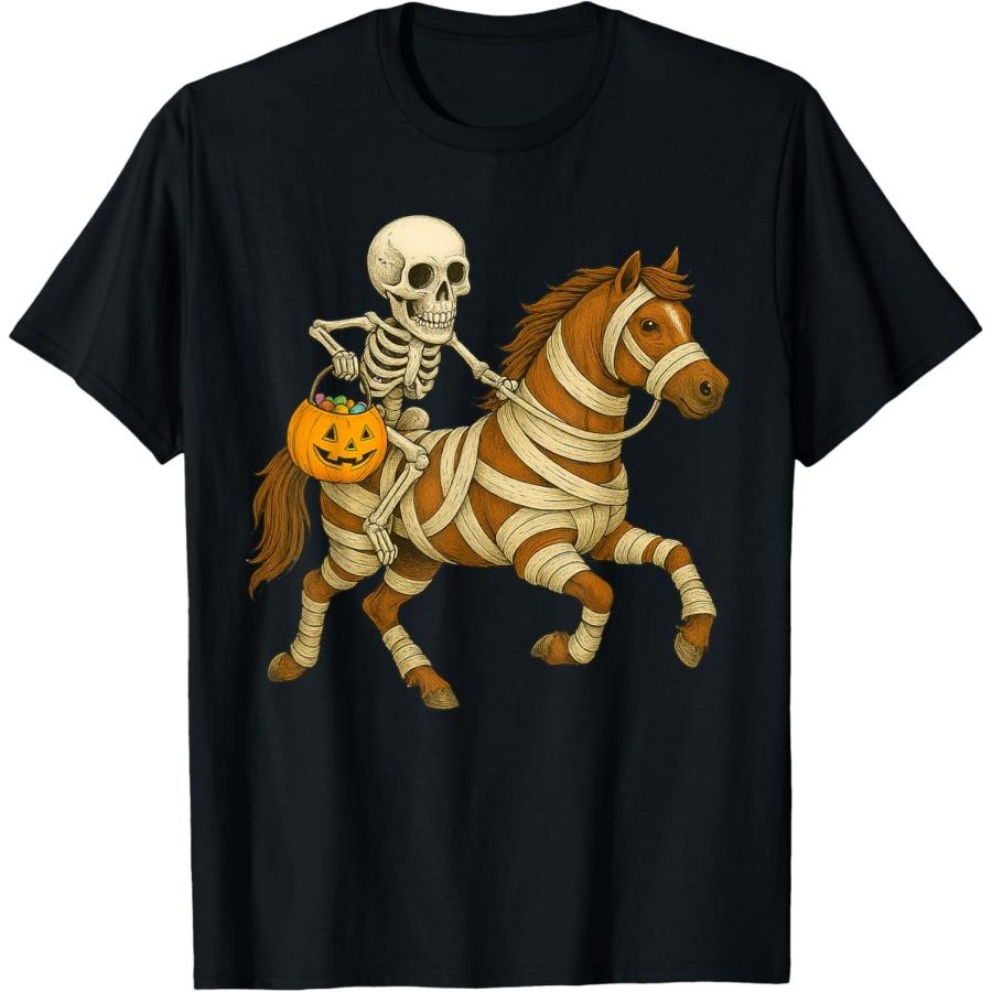 Skeleton Riding Mummy Horse Halloween Funny Pumpkin T-Shirt