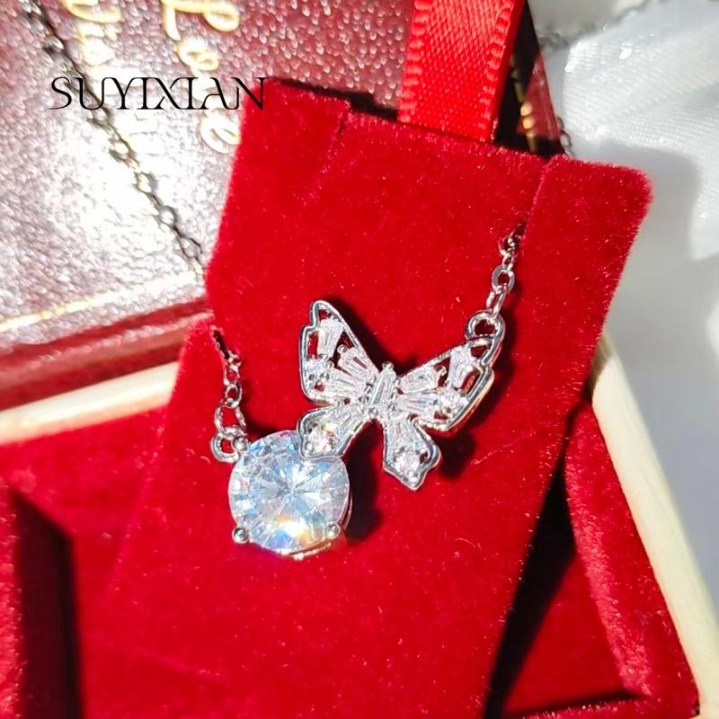 925 Sterling Silver Stylish Sweet Butterfly Round Zircon Pendant Necklace Birthday Party Anniversary Gift