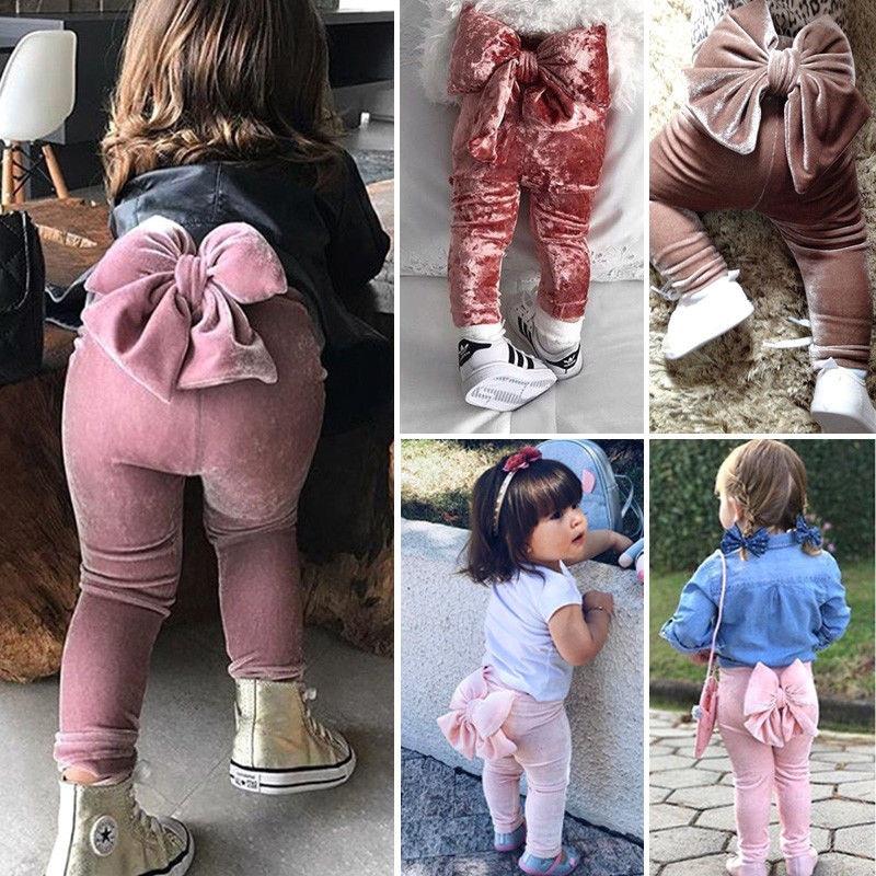 Fashion Toddler Kids Baby Girl Bowknot Bottoms Pleuche Long Pants Leggings Clothes