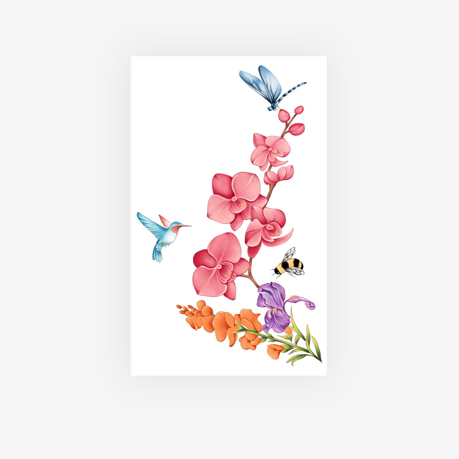 

Watercolor Wind Orchid Hummingbird Tattoo Sticker Gradual Change Flower + Insect, Long-Lasting Waterproof, High-End Waist Sticker 11*18