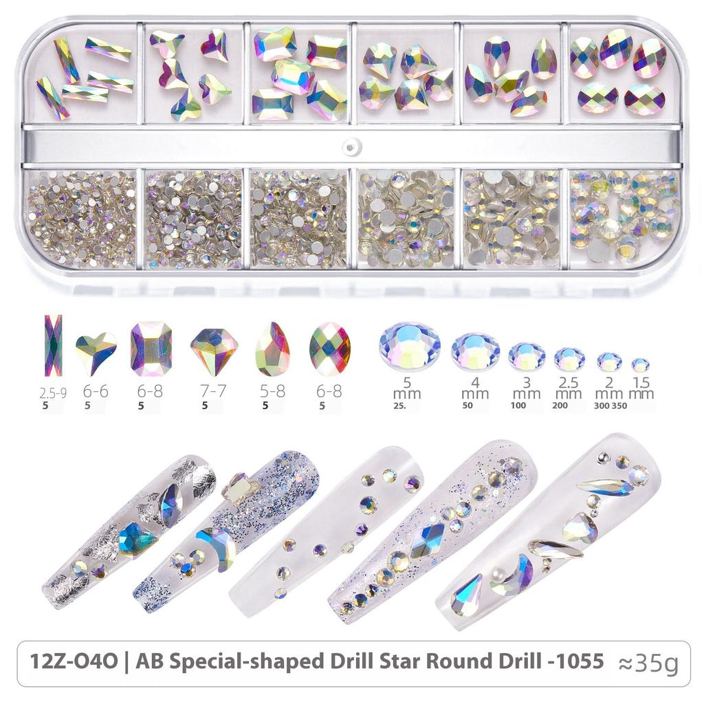 Broca para Nail Art 12 Compartimentos Strass Fundo Plano Broca Formato Especial Unha Vidro AB Aurora Transparente Broca Unha Conjunto de Joias para Nail Art