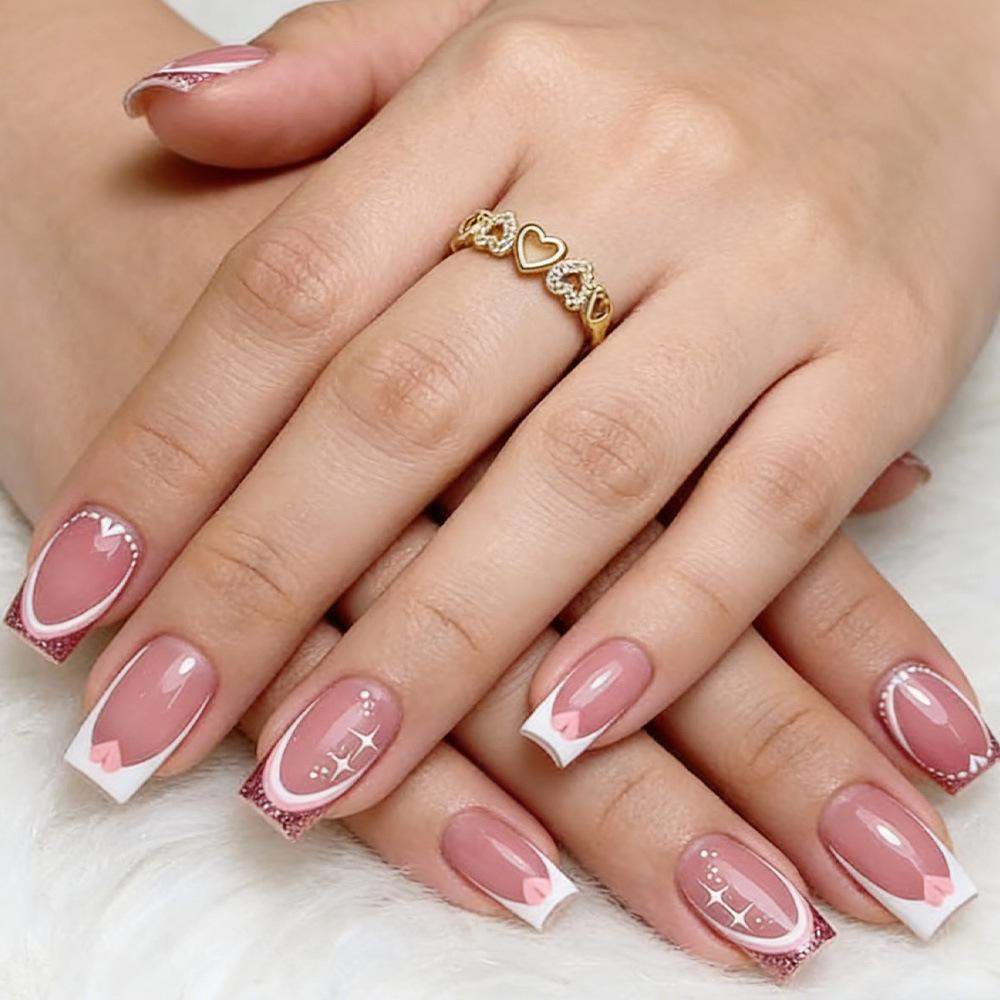 

Сердечки с блестками и звезды - Накладные ногти, 24 шт., Валентинов День, Европейский стиль, Tips для нейл-арта