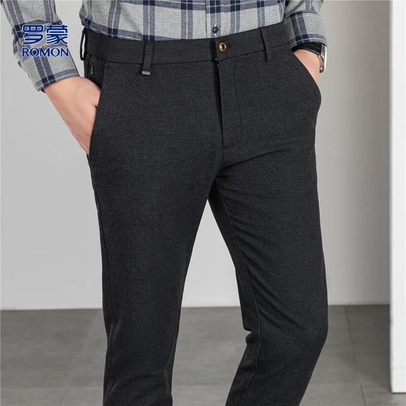 ROMON Men's Wool Blend Twill Straight Leg Business Casual Trousers
