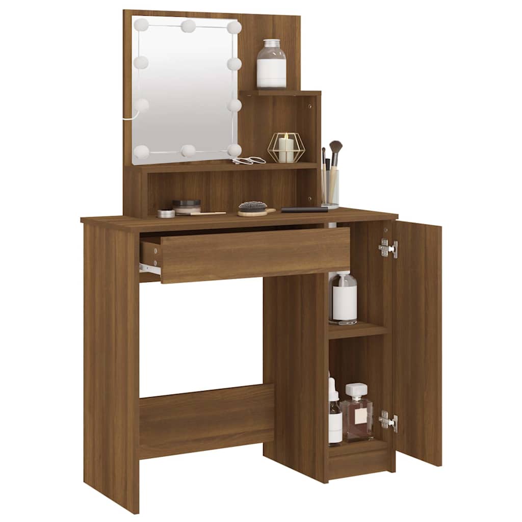 Makeup Table with LED Lights Brown Oak Effect 86.5 X 35 X 136 Cm