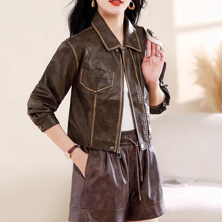 

Популярная кофейная кожаная куртка женская весенне-осенняя новая ретро повседневная маленькая куртка XXL коричневый
