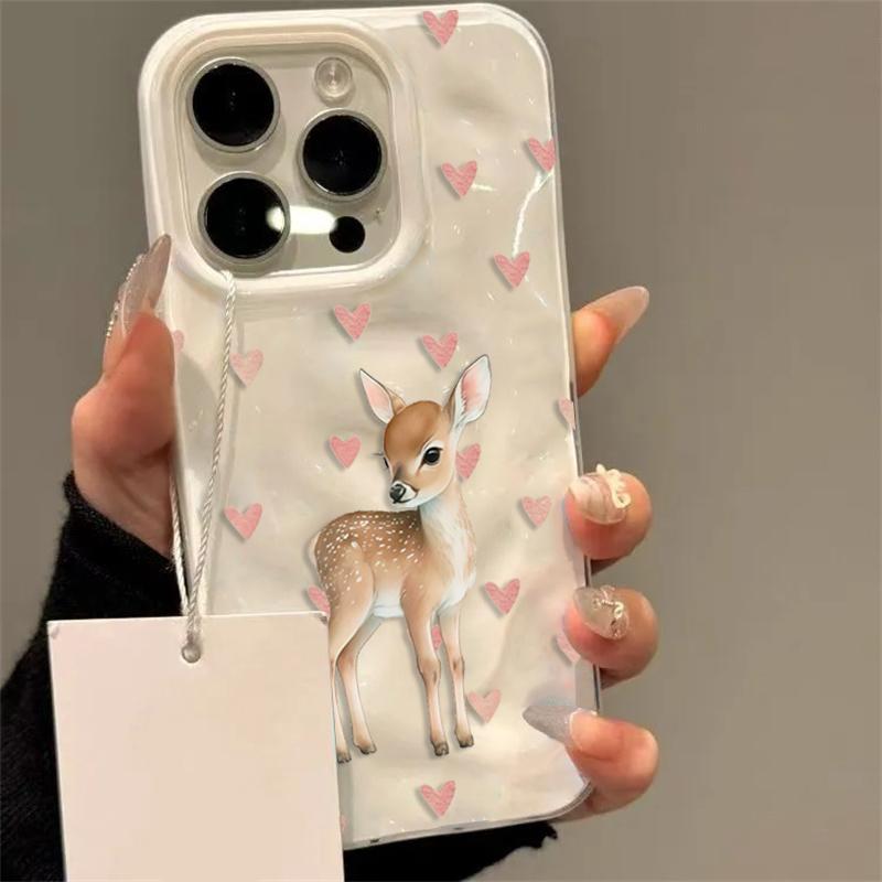Pink Love Heart Cute Deer Pattern Phone Case For iPhone 17 16 15 14 13 12 11 Pro Max Plus Air 16E Shockproof Folds Texture Cover