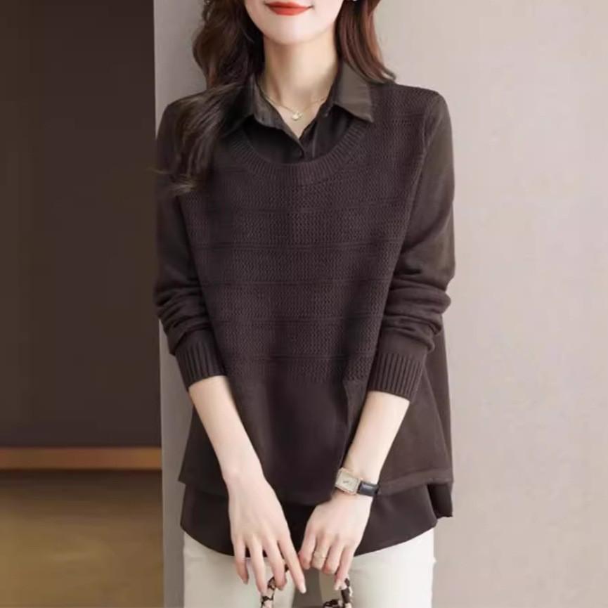 Korean Fake Two-piece Shirt Knitted Women's Spring Autumn Fashion Loose Sweater Bottoming Shirt Female Knitwear Tops